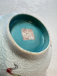 A pair of Chinese famille rose sgraffiato-ground 'Zhang Guolao' bowls, Daoguang mark and of the period