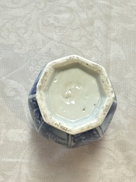 A Chinese blue and white tea caddy, a teapot and an Imari-style teapot, Kangxi/Yongzheng