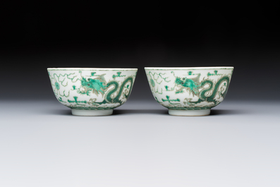 A pair of Chinese green-enamelled 'Dragon' bowls, Guangxu marks, Republic