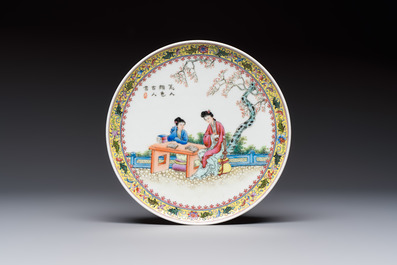 Two Chinese famille rose dishes and a plate with elegant beauties, Qianlong marks, 20th C