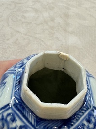 A Chinese blue and white tea caddy, a teapot and an Imari-style teapot, Kangxi/Yongzheng