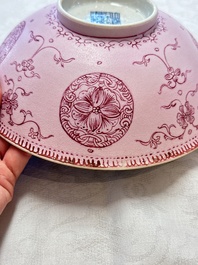 Three Chinese famille rose pink-ground bowls with floral design, Qianlong mark and of the period