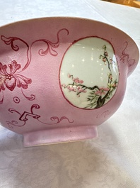Three Chinese famille rose pink-ground bowls with floral design, Qianlong mark and of the period
