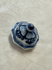 A Chinese blue and white tea caddy, a teapot and an Imari-style teapot, Kangxi/Yongzheng