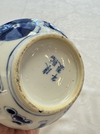 A pair of Chinese blue and white 'Buddhist Lions' triple gourd vases on reticulated wooden stands, 19th C.