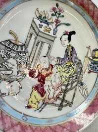 A fine Chinese famille rose 'Court Lady and a Boy' cup and saucer, Yongzheng