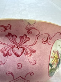 Three Chinese famille rose pink-ground bowls with floral design, Qianlong mark and of the period