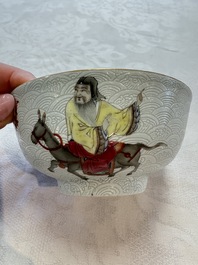 A pair of Chinese famille rose sgraffiato-ground 'Zhang Guolao' bowls, Daoguang mark and of the period