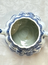 A Chinese blue and white tea caddy, a teapot and an Imari-style teapot, Kangxi/Yongzheng