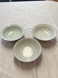 Three Chinese famille rose pink-ground bowls with floral design, Qianlong mark and of the period