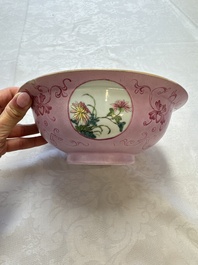 Three Chinese famille rose pink-ground bowls with floral design, Qianlong mark and of the period
