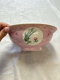 Three Chinese famille rose pink-ground bowls with floral design, Qianlong mark and of the period