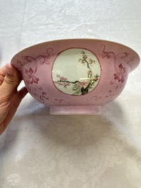 Three Chinese famille rose pink-ground bowls with floral design, Qianlong mark and of the period