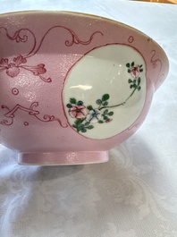 Three Chinese famille rose pink-ground bowls with floral design, Qianlong mark and of the period