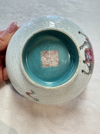 A pair of Chinese famille rose sgraffiato-ground 'Zhang Guolao' bowls, Daoguang mark and of the period