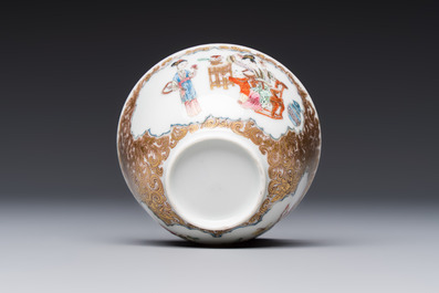 A fine Chinese Canton famille rose gilt-decorated cup and saucer with figural design, Yongzheng/Qianlong