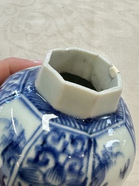 A Chinese blue and white tea caddy, a teapot and an Imari-style teapot, Kangxi/Yongzheng
