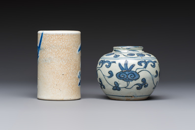 A Chinese Nanking water pot, a blue and white brush pot, a jarlet and a trick cup, Ming and later
