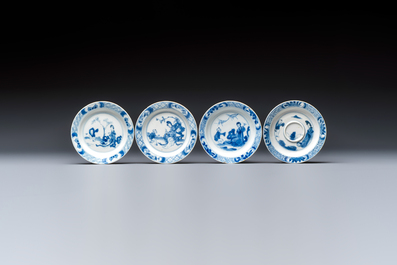 12 Chinese blue and white saucers with figural design, lingzhi and Chenghua marks, Kangxi