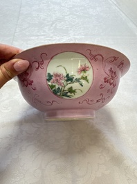 Three Chinese famille rose pink-ground bowls with floral design, Qianlong mark and of the period