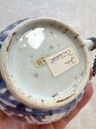 A Chinese blue and white tea caddy, a teapot and an Imari-style teapot, Kangxi/Yongzheng