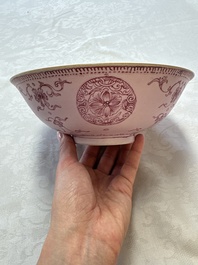 Three Chinese famille rose pink-ground bowls with floral design, Qianlong mark and of the period