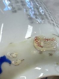 A Chinese famille rose 'Chicken' cup and a blue, white, and copper-red 'Li Tieguai' brush pot, Qianlong mark, 20th C.