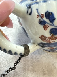 A Chinese blue and white tea caddy, a teapot and an Imari-style teapot, Kangxi/Yongzheng