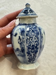 A Chinese blue and white tea caddy, a teapot and an Imari-style teapot, Kangxi/Yongzheng