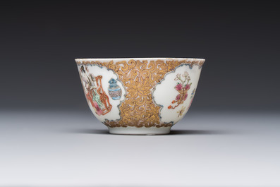 A fine Chinese Canton famille rose gilt-decorated cup and saucer with figural design, Yongzheng/Qianlong