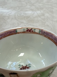 A fine Chinese famille rose cup and saucer with a couple on a terrace, Yongzheng/Qianlong