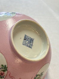 Three Chinese famille rose pink-ground bowls with floral design, Qianlong mark and of the period