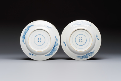 Five Chinese blue and white plates with narrative design, Chenghua mark, 19th C.
