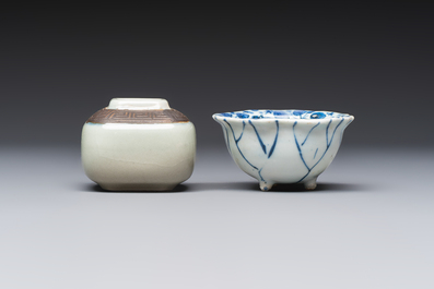 A Chinese Nanking water pot, a blue and white brush pot, a jarlet and a trick cup, Ming and later