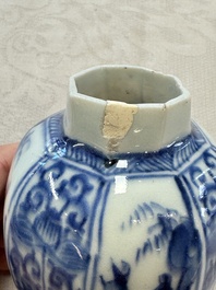 A Chinese blue and white tea caddy, a teapot and an Imari-style teapot, Kangxi/Yongzheng