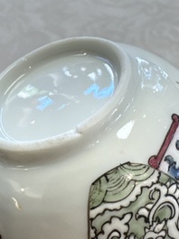 A fine Chinese famille rose 'Court Lady and a Boy' cup and saucer, Yongzheng