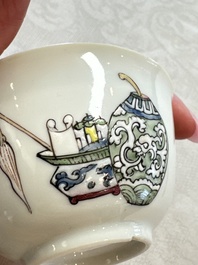 A fine Chinese famille rose 'Court Lady and a Boy' cup and saucer, Yongzheng