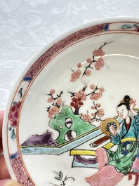 A fine Chinese famille rose cup and saucer with a couple on a terrace, Yongzheng/Qianlong