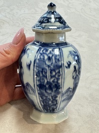 A Chinese blue and white tea caddy, a teapot and an Imari-style teapot, Kangxi/Yongzheng
