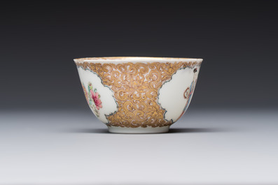 A fine Chinese Canton famille rose gilt-decorated cup and saucer with figural design, Yongzheng/Qianlong