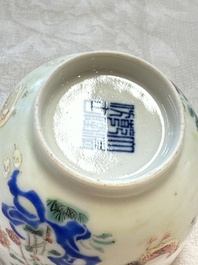 A Chinese famille rose 'Chicken' cup and a blue, white, and copper-red 'Li Tieguai' brush pot, Qianlong mark, 20th C.
