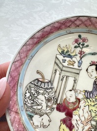 A fine Chinese famille rose 'Court Lady and a Boy' cup and saucer, Yongzheng