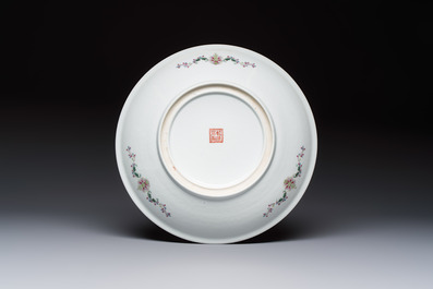Two Chinese famille rose dishes and a plate with elegant beauties, Qianlong marks, 20th C