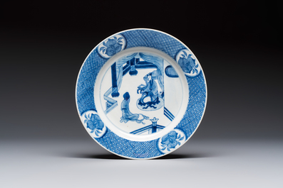 Five Chinese blue and white plates with narrative design, Chenghua mark, 19th C.