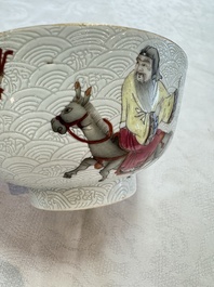 A pair of Chinese famille rose sgraffiato-ground 'Zhang Guolao' bowls, Daoguang mark and of the period