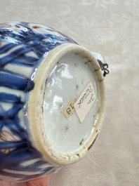 A Chinese blue and white tea caddy, a teapot and an Imari-style teapot, Kangxi/Yongzheng