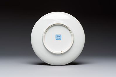 Two Chinese famille rose dishes and a plate with elegant beauties, Qianlong marks, 20th C