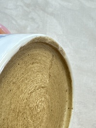 A Chinese famille rose 'Chicken' cup and a blue, white, and copper-red 'Li Tieguai' brush pot, Qianlong mark, 20th C.