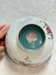 A pair of Chinese famille rose sgraffiato-ground 'Zhang Guolao' bowls, Daoguang mark and of the period
