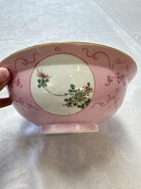 Three Chinese famille rose pink-ground bowls with floral design, Qianlong mark and of the period